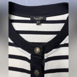 Massimo Dutti Black & White Striped Cotton Cardigan Sweater Gold Button Medium